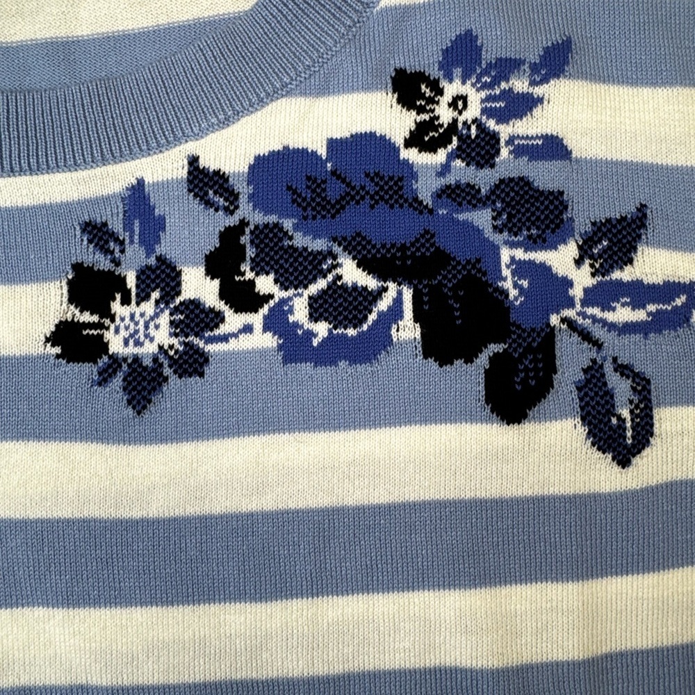 Talbots Blue and White Striped Crewneck Sweater with Blue Floral Jacquard - Picture 3 of 5